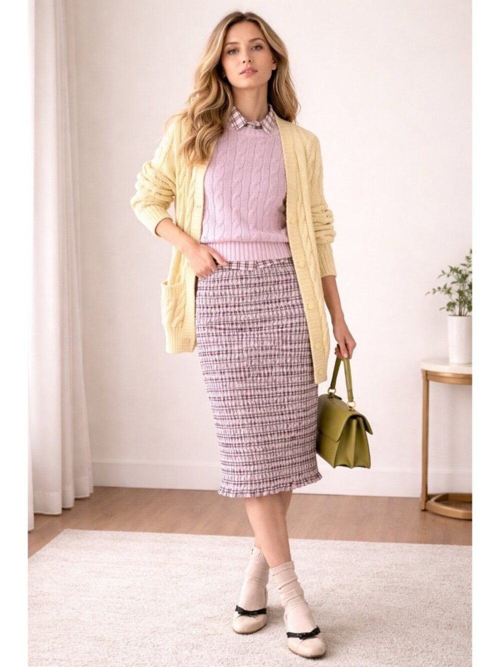 Prada Milano Pink Textured Midi Skirt Size 42 Italy | Check Pattern | Excellent
